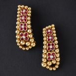 MOUAWAD - A pair of ruby and diamond set pendant earringseach of tapering beaded design, set with