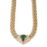 A multi-gem set necklacethe detachable central motif collet set with an oval emerald cabochon and