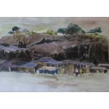 Ini Brown (Nigerian b1963) large watercolour figures standing by village buildings in hilly