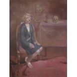 Julian Gordon Mitchell Seated barefoot lady by a table with skull and bell,  oil on canvas. 76cm x