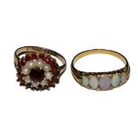 Five stone opal ring and a garnet and pearl ring