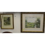 E.J. Jameson Sheep in meadow Signed, watercolour, and another watercolour of a stream, unsigned,