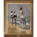 Attributed to Tom Durkin,  Edwardian ladies paddling in the sea,  oil on board, 44cm x 35cm