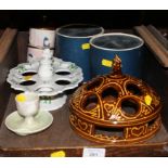 Various egg cups and stands including two Royal Worcester with chicken form covers (boxed), a