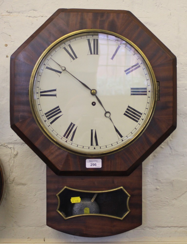 A Victorian mahogany framed octagonal wall clock with circular dial, fusee movement, Roman numerals,