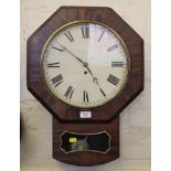 A Victorian mahogany framed octagonal wall clock with circular dial, fusee movement, Roman numerals,