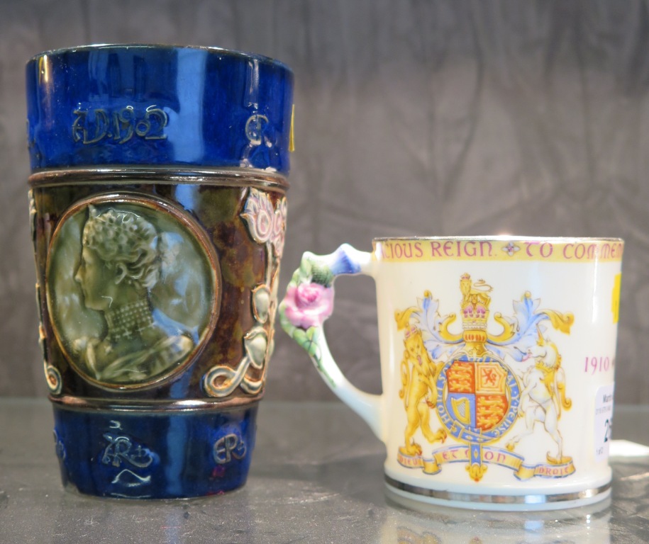 A Royal Doulton stoneware coronation beaker commemorating Edward VII and Alexandra with head and