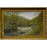 River at a natural weir, possible Derbyshire, oil on board, monogrammed W.E.G., 34cm x 55cm