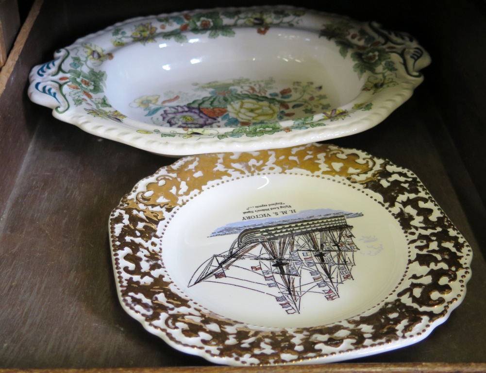 Masons ironstone dish Strathmore pattern, together with Nelson pottery HMS Victory plate