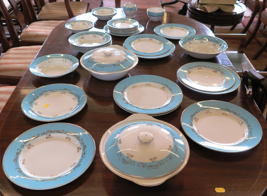 A Barratt's Delphatic white part dinner service with blueband and foliate gilt decoration, including - Image 2 of 2