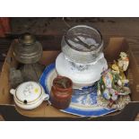 A late 19th century tongue platter, two Royal Worcester blue and white bowls, a Capodimonte figure