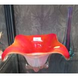 A large free blown white and red glass 'sculptured bowl, together with a teardrop shaped vase with a
