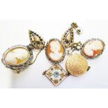 A pair of Victorian earrings, as found, a gold locket, two gold pendants and three cameos