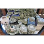 A collection of Wedgwood green Jasperwares, some with boxes and a Masons Chartreuse pattern vase and
