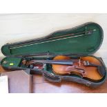 A cased violin and bow, no label