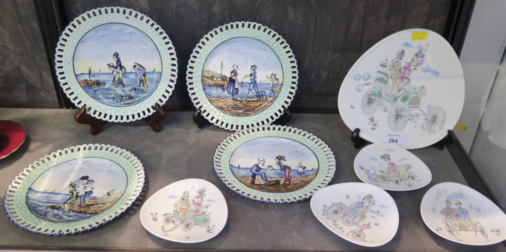 A Peynet Rosenthal dish depicting a vintage car, 20cm, and four others smaller, 11.5cm, and a set of