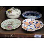 A Chinese Famille Rose plate with birds, insects and floral decoration together with Imari shell