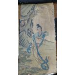 A Chinese painted panel, depicting a maiden with two swords, inscribed, 82cm x 39cm