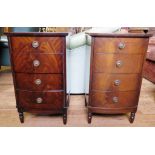 A pair of mahogany veneered bowfront bedside cupboards, with four crossbanded drawers on ring turned