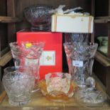A Royal Brierley cut glass rose bowl, a pair of cut glass vases and other glassware