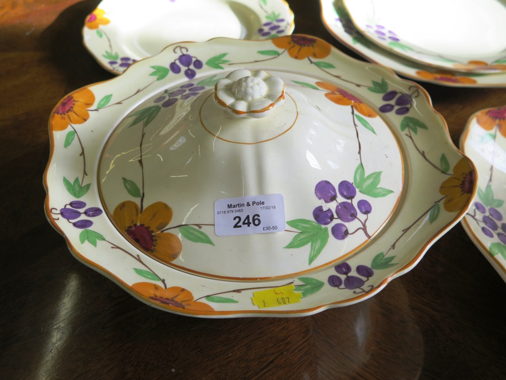 A Crown Ford part dinner service, with Dorothy Dale grape and flower pattern, comprising six place