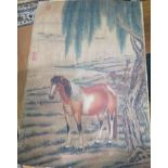 A Chinese painted panel depicting a brown horse under a tree, stamped and inscribed, 89cm x 61cm