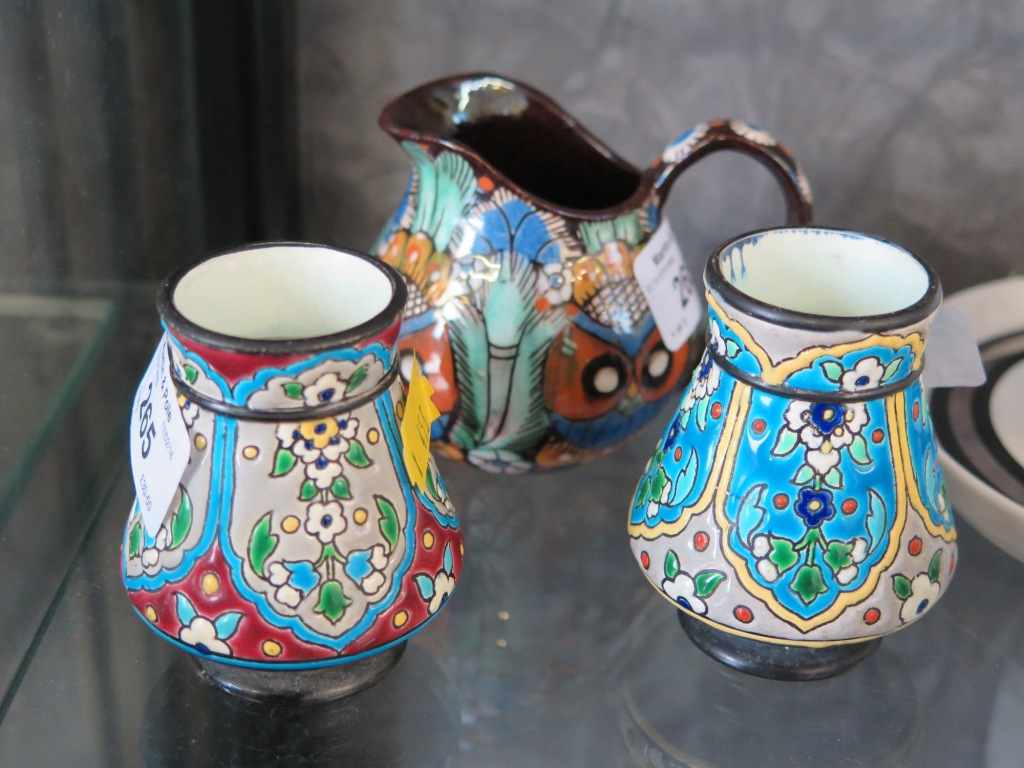 Antique Swiss Thoune c1900 owl cream jug Majolica pottery, together with two small decorative posy