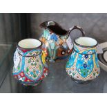 Antique Swiss Thoune c1900 owl cream jug Majolica pottery, together with two small decorative posy