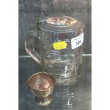 A Bohemien glass beer stein, having porcelain plaque to lid and a silver egg cup