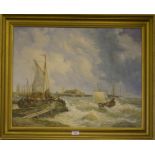 Unsigned  Marine coastal scene with boats and onlookers at stormy sea oil on canvas 55 x 69 cm
