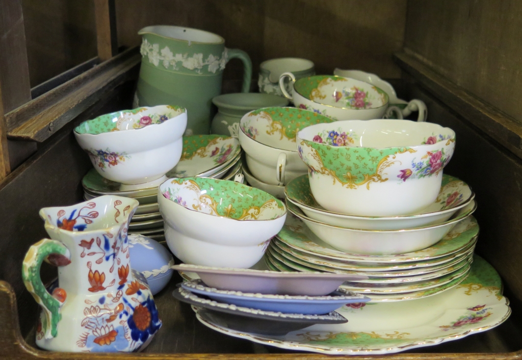 A Paragon part tea service, with floral decoration and green panels, various Jasperwares and a