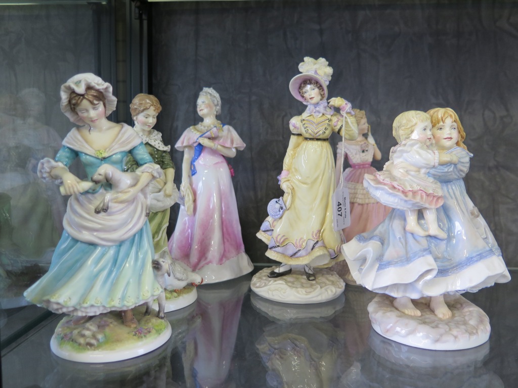 Five figurines painted by W.E White, including The Queen Mother 90th Birthday and another figure (