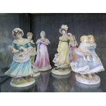 Five figurines painted by W.E White, including The Queen Mother 90th Birthday and another figure (