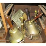 Three brass hand bells, various other brassware, commemorative ware, crested china and other wares