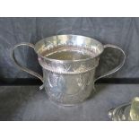 A George II silver porringer, with gadrooned collar, acanthus chased cartouche engraved with a