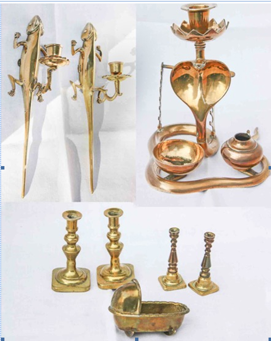 A pair of miniature brass candlesticks, and other brassware, various plated flatware