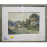 James W Milliken Shepherd driving his sheep through a village Watercolour, signed 17cm x 24cm