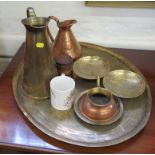 An Indian brass oval tray, various other copper and brasswares and two commemorative mugs