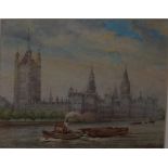 H. Betteridge The River Thames with steam tug pulling two barges past the Houses of Parliament