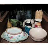 A collection of glass bottles, a dressing table set and various ceramics including Wade and Sylvac