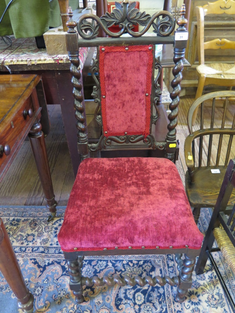 A Victorian rosewood and barley twist side chair, with pierced scrolling top rail, padded carved