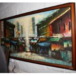 John H? Hong Kong street scene Oil on board, indistinctly signed, 60cm x 119cm