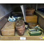 Various Indian boxes, leather bound tape measure, pair of binoculars, flatware and other