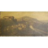 19th century Continental School Town landscape with river Oil on canvas, 24cm x 46cm