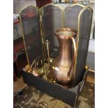 A large hammered copper ewer 59cm high, a brass firescreen and various other brass and copperwares