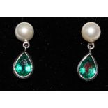 A fine pair of Zambian pear cut emerald and pearl earrings, emerald size 9mm x 7mm x 4.60mm, 1.57