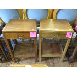 A pair of mahogany bedside tables, with frieze drawers on moulded square legs joined by an