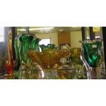 A collection of five coloured art glass vases and two further glass dishes in the form of swans (7)