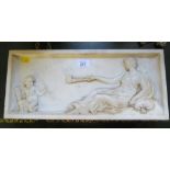 A 19th century white marble plaque depicting a maiden pointing a tourch at cupid, possibly a