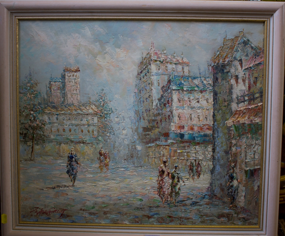 Marie Charlot Figures in a street scene Oil on canvas, signed, 50cm x 60cm